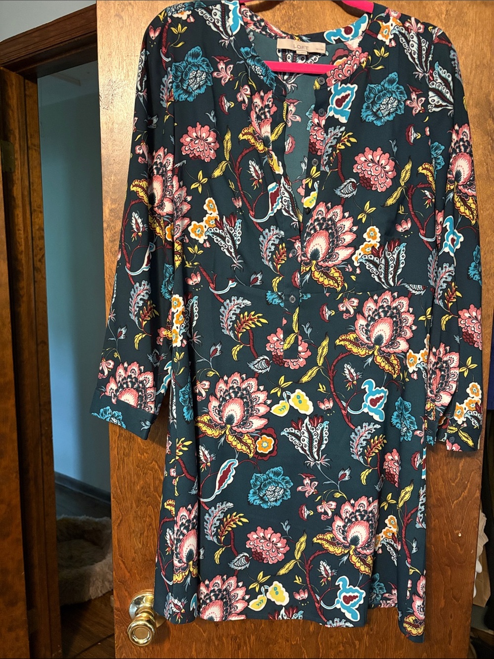 LOFT Navy Floral Long-Sleeve Tunic Dress with Coral & Teal Accents